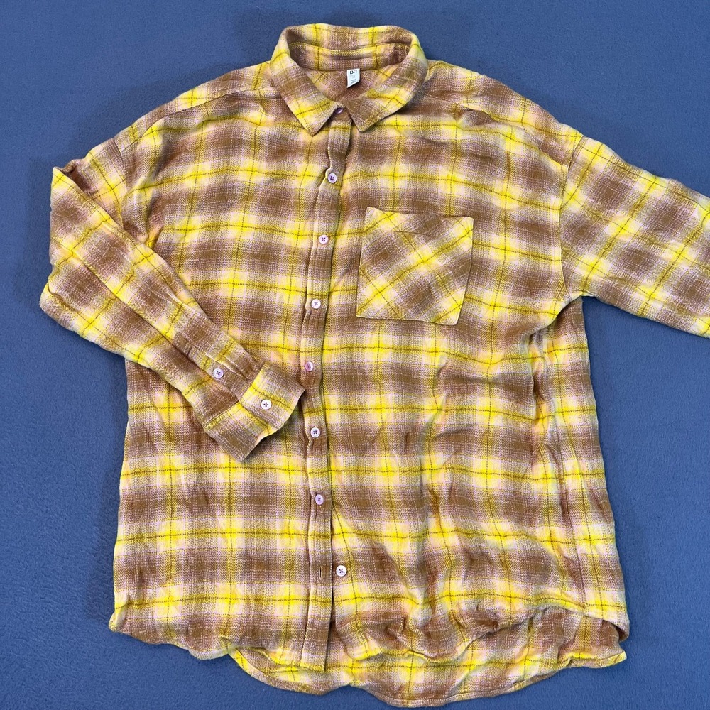 BP. Women's Med Plaid Button-Up Shirt Yellow Brown Textured Fuzzy Flannel Pocket